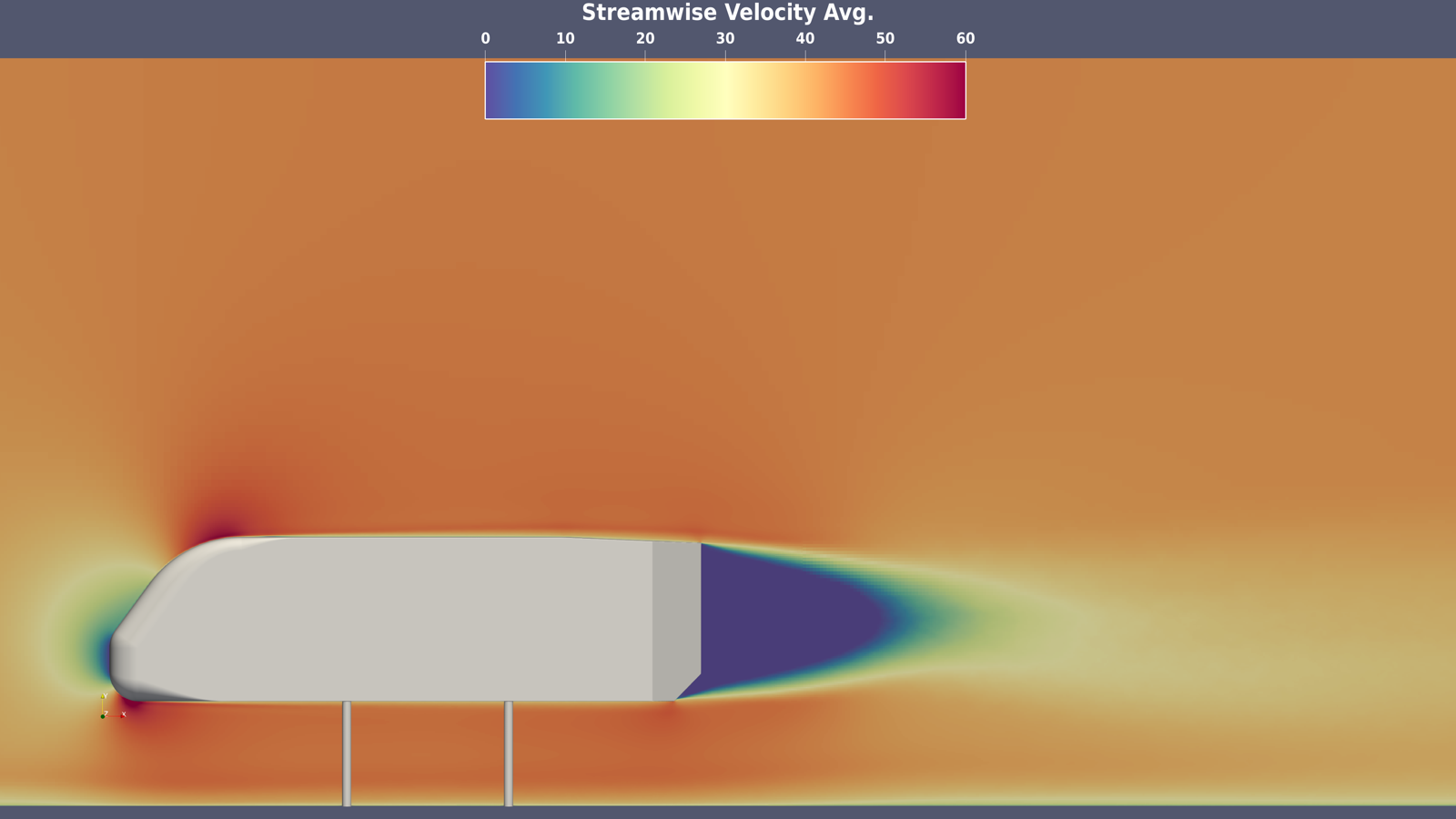 Streamwise-velocity field around a Windsor body with its downstream wake.